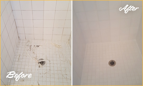 Prevent Water Damage in your Shower with our Tile Recaulking Service Picture of a White Shower with Moldy Grout and Caulking Before and After a Tile Recaulking Service