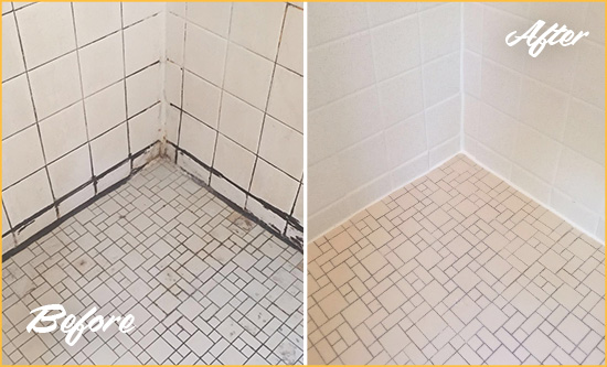 Before and After Picture of a Bathroom Caulking in a Bathtub Area