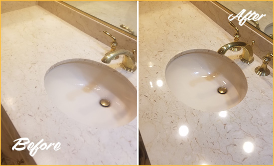 Sir Grout Restores this Marble Vanity Top to Remove Etch Marks Before and After Picture of a Dull Marble Vanity Top Restored to Remove Etch Marks