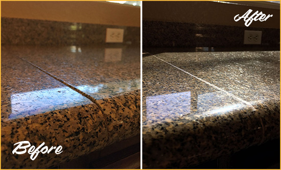 Sir Grout Cleans and Seals this Damaged Granite Countertop and Repairs Its Seam-line Before and After Picture of a Cleaned and Sealed Granite Countertop with Damaged Seam-line