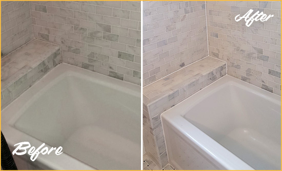 Sir Grout Caulks the Tub of this Porcelain Tile Bathroom to Avoid Water Leakages Picture of a Grey Bathtub with Stained Caulking Before and After a Tub Recaulking
