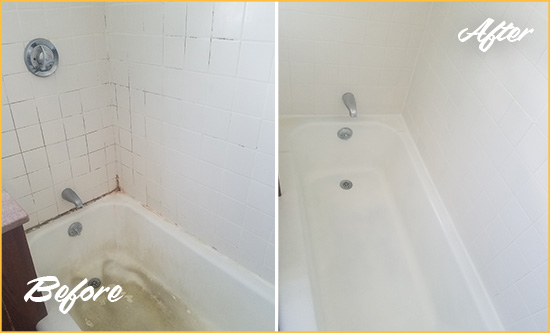 Sir Grout Caulked this Bathroom Shower to Prevent Water Damage  Picture of a White Tub with Damaged Caulking Before and After a Tub Recaulking Service
