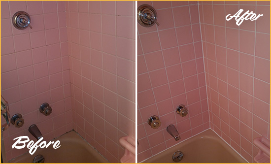 Sir Grout Restored the Caulk Around this Bathtub with a Grout Caulking Service Before and After Picture of a Grout Caulking in a Bathtub Area