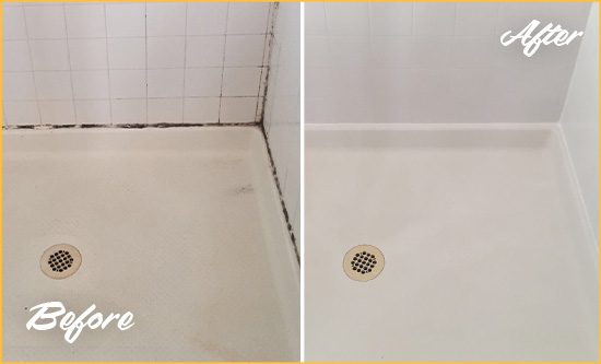 Sir Grout Recaulked this Bathroom Shower and Grout to Prevent Water Damage  Before and After Picture of a Grout Recaulking Service