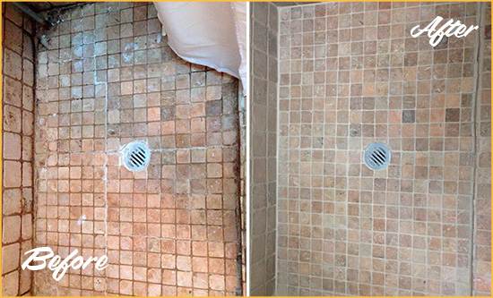 Sir Grout Removed Dirt from this Shower with a Shower Grout Cleaning and Sealing and Fixed Missing Grout Before and After Picture of Shower Grout Cleaning and Sealing