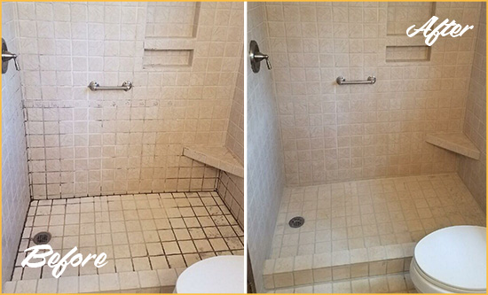 Sir Grout Sealed this Shower Grout to Repair and Avoid Water Leakages Before and After Picture of a Shower Grout Sealing on a Porcelain Tile Shower