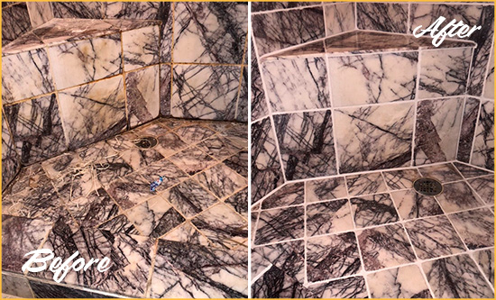 Sir Grout Stripped and Replaced this Shower Grout to Remove Embedded Dirt Before and After Picture of a Shower Grout Replacement