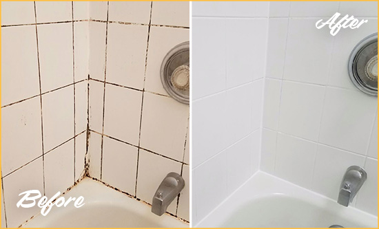 Sir Grout Recolored and Restored the Grout Around this Bathtub with Our Shower Grout Services Before and After Picture of a Shower Grout Recoloring in a Bathtub Area