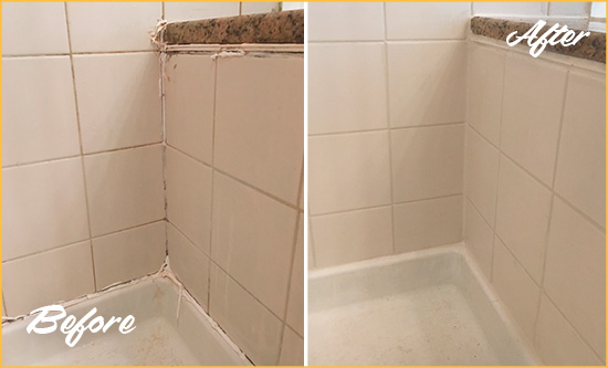 Sir Grout Caulked this Shower to Repair Damaged Caulking Before and After Picture of a Shower with Damaged Caulking