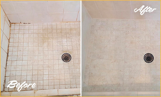 This Marble Shower Got a Total Revamp with a Tile Caulking Service Picture of a Marble Shower Before and After a Tile Caulking