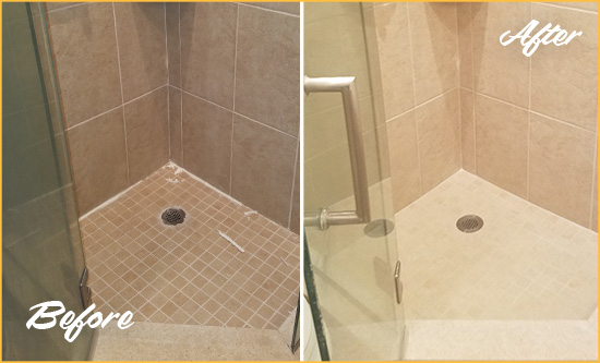 This Shower's Floor Tile Caulk Was Removed and Replaced Picture of a Tan Tile Shower with Caulking Peeling Off Before and After a Caulking Service