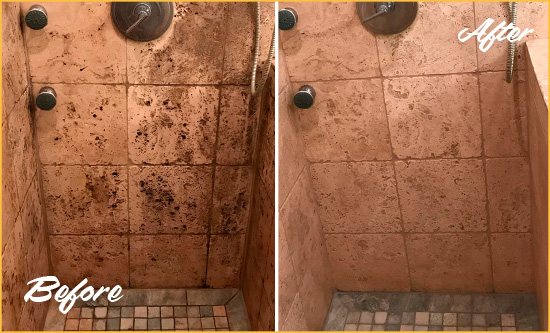 Sir Grout Cleans and Seals this Travertine Shower to Remove Mold and Mildew Picture of Moldy Travertine Shower Before and After Cleaning and Sealing Service to Remove Mold