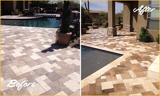 Sir Grout Enhances and Seals this Worn-Out Travertine Pool Deck Picture of a Worn-Out Travertine Pool Deck Before and After Color Enhancement Service