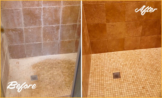 Sir Grout Hones and Polishes this Travertine Shower to Remove Mineral Deposits Before and After Picture of a Travertine Shower Honed and Polished to Remove Mineral Deposits