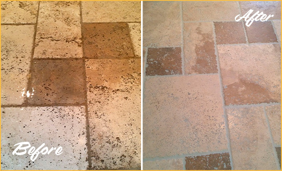 Sir Grout Cleans and Seals this Travertine Floor and Grout to Remove Stains Picture of Travertine Floor and Grout Before and After Cleaning and Sealing to Remove Embedded Dirt