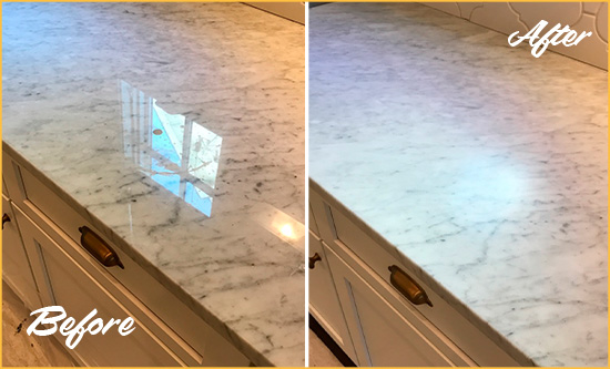 Sir Grout Hones this Shiny Marble Countertop to Achieve a Matte, Silky Finish Picture of Marble Countertop Before and After Honing to Achieve a Matte Finish