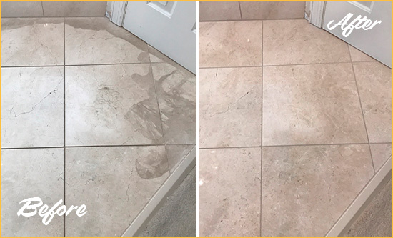 Sir Grout Hones  this Stone Floor to Remove Etching Before and After Picture of Stone Floor Honed to Remove Etching