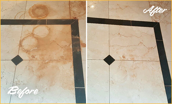 Sir Grout Hones this Travertine Shower to Remove Rust Stains Picture of a Travertine Stone Floor Before and After Honing to Remove Rust Stains