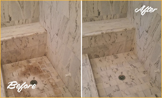 Sir Grout Cleans and Seals this Marble Shower Floor to Remove Dirt Build-Up Before and After Picture of Marble Shower Floor Cleaned and Sealed to Remove Dirt Build-Up