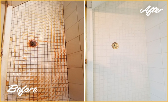 Sir Grout Cleaned Grout and Tile in this Shower to Remove Rust Stains Before and After Picture of Grout Cleaning on a Shower to Remove Rust Stains