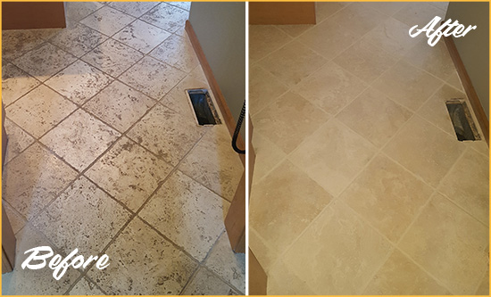 Sir Grout Cleaned the Tile and Grout on This Marble Floor to Make it Look Like New Before and After Picture of a Tile and Grout Cleaning on Marble Floor