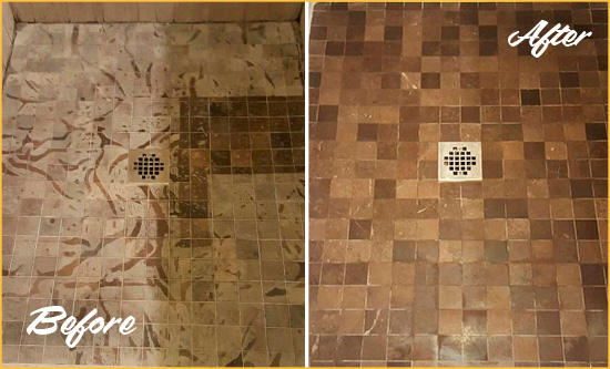 Sir Grout Cleaned the Tile and Grout on This Marble Floor to Make it Look Like New Before and After Picture of a Tile Cleaning on Marble Floor