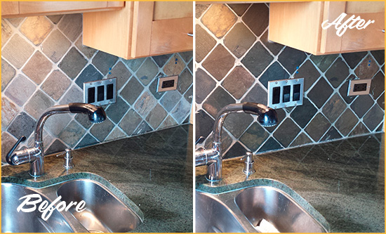 Before and After Picture of a Ives Estates Backsplash Caulked to Fix and Prevent Water Leaks