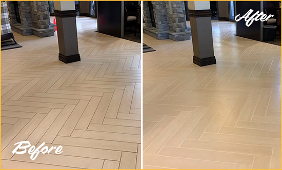Before and After Picture of a Dirty Fountainbleau Ceramic Office Lobby Sealed For Extra Protection Against Heavy Foot Traffic