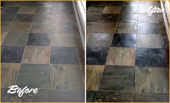Sir Grout Seals this Dull North Bay Village Slate Floor to Bring Back Its Colors Before and After Picture of a Dull North Bay Village Slate Floor Sealed to Bring Back Its Colors
