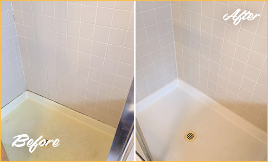 Before and After Picture of a Fountainbleau Shower Sealed to Remove and Protect Against Mold