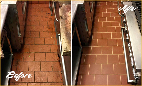 Before and After Picture of a Fountainbleau Restaurant Kitchen Floor Sealed to Remove Soil