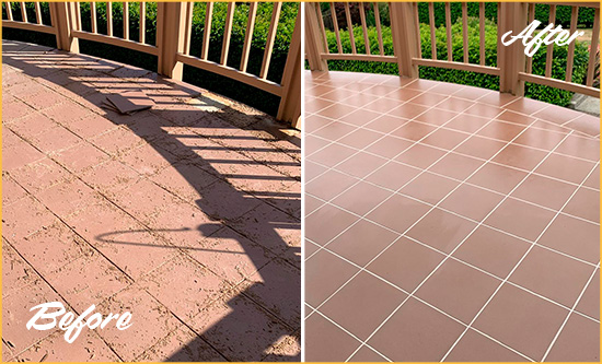 Before and After Picture of a Westchester Hard Surface Restoration Service on a Tiled Deck