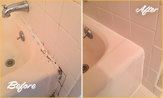 Before and After Picture of a Westchester Hard Surface Restoration Service on a Tile Shower to Repair Damaged Caulking