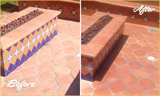 Before and After Picture of a Westchester Hard Surface Restoration Service on a Dull Terracotta Patio Floor to Recover Its Color