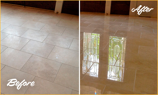 Before and After Picture of a Westchester Hard Surface Restoration Service on a Dull Travertine Floor Polished to Recover Its Splendor