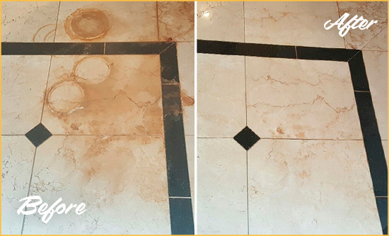 Before and After Picture of a Westchester Hard Surface Restoration Service on a Marble Floor to Eliminate Rust Stains