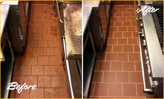Before and After Picture of a Westchester Hard Surface Restoration Service on a Restaurant Kitchen Floor to Eliminate Soil and Grease Build-Up