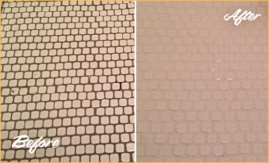 Before and After Picture of a Westchester Hard Surface Restoration Service on a Bathroom Tile Floor Recolored to Fix Grout Color