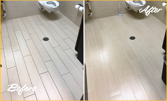 Before and After Picture of a Westchester Office Restroom's Grout Cleaned to Remove Dirt