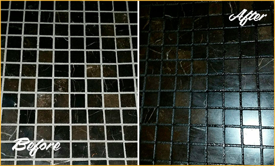 Before and After Picture of a Fountainbleau Black Floor with Recolored Grout