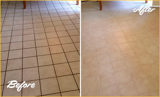 Before and After Picture of a Fountainbleau Kitchen Tile Floor with Recolored Grout