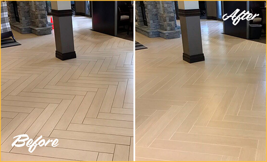 Before and After Picture of a Fountainbleau Office Lobby Floor Recolored Grout