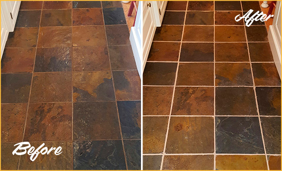 Before and After Picture of a Fountainbleau Slate Floor Recolored Grout