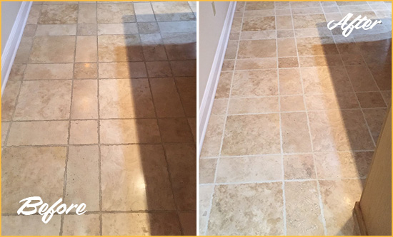 Before and After Picture of a Fountainbleau Travertine Kitchen Floor Recolored Grout