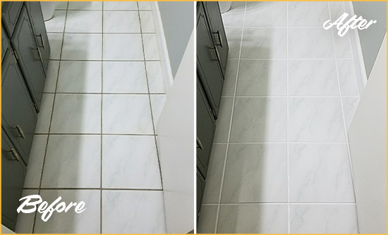 Before and After Picture of a Palmetto Bay Bathroom Floor Grout Sealed to Remove Grime