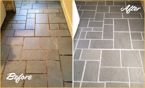 Before and After Picture of Damaged Palmetto Bay Slate Floor with Sealed Grout