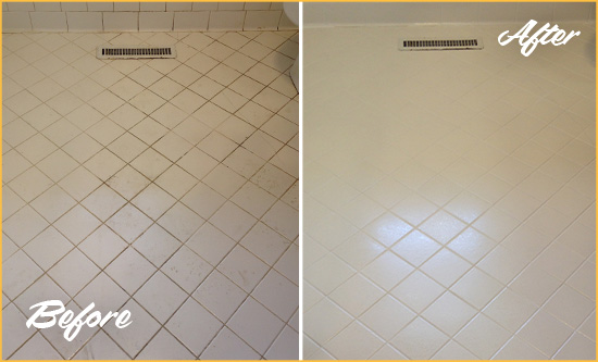 Sir Grout Seals the Grout of this Palmetto Bay White Bathroom Floor for Extra Protection Before and After Picture of a Palmetto Bay White Bathroom Floor Grout Sealed for Extra Protection