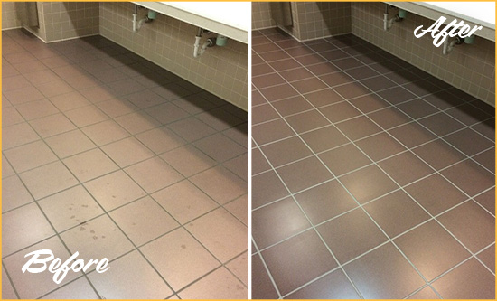 Sir Grout Seals the Grout on this Palmetto Bay Office Restroom to Refresh Its Look Before and After Picture of Dirty Palmetto Bay Office Restroom with Sealed Grout