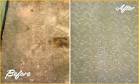 Before and After Picture of a Hialeah Gardens Mosaic Shower Cleaned to Eliminate Embedded Dirt