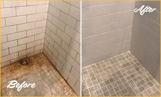 Before and After Picture of a Hialeah Gardens Ceramic Shower Cleaned to Eliminate Rust Stains